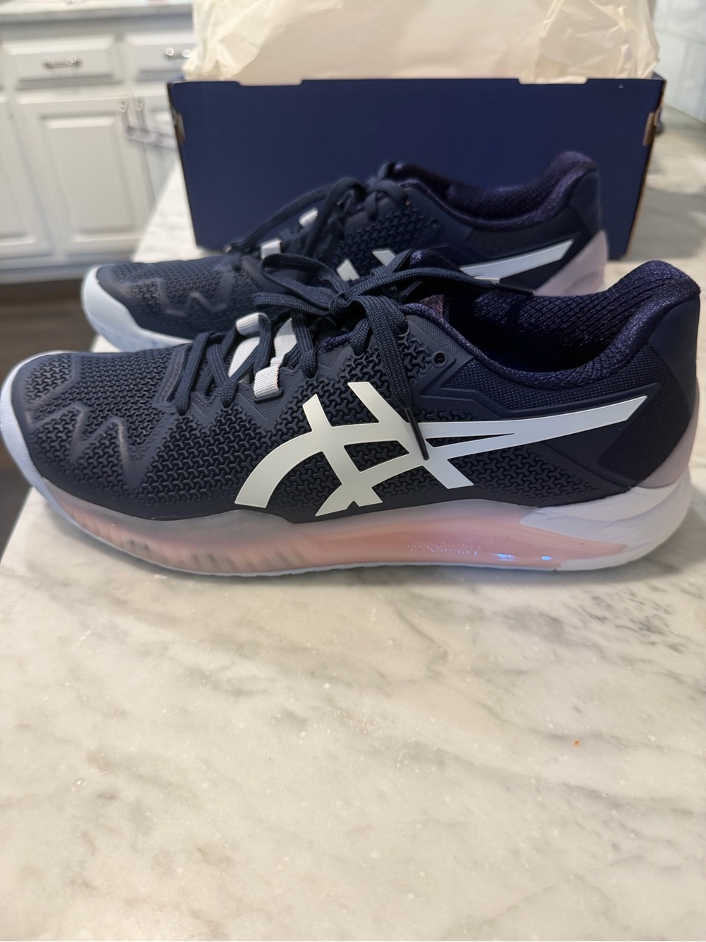 Asics Navy and White Sneakers with Pink Midsole Accent